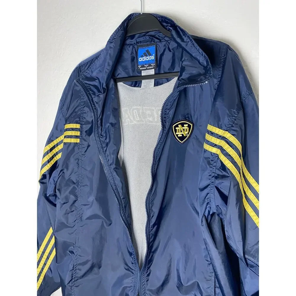 Adidas Men's Blue Windbreaker Jacket Gold Notre Dame Letters/Stripes‎ ND Patch